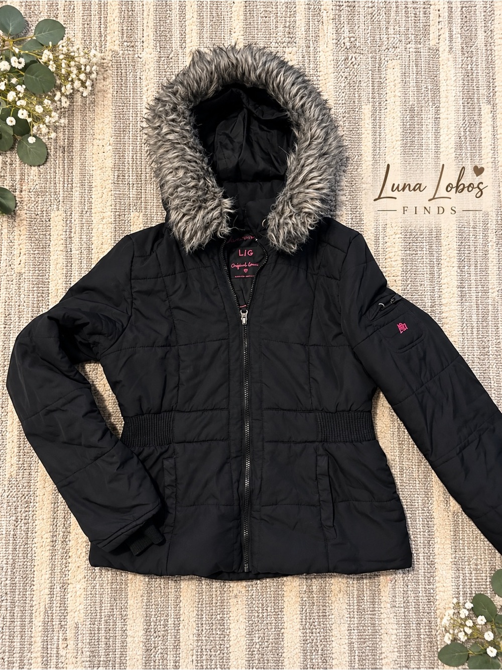 Aeropostale y2k 2000s Black zip up puffer jacket sz L With Faux Fur Hoodie